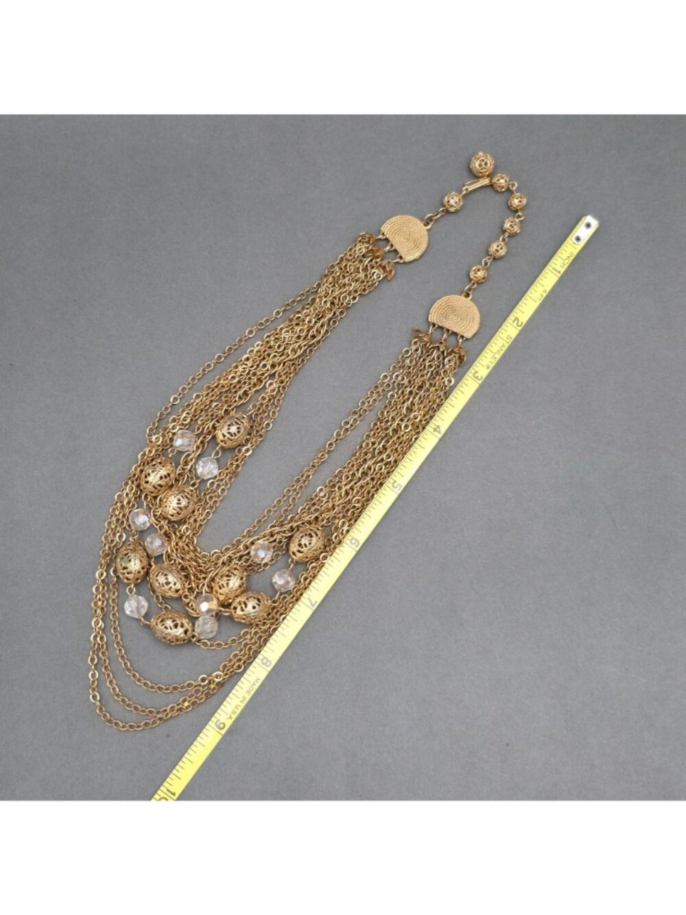 Vintage Gold Tone AB Crystal Multichain Necklace Bracelet Set Demi Parure - Picture 8 of 16